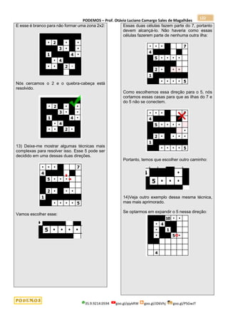 PODEMOS – Prof. Otávio Luciano Camargo Sales de Magalhães
35.9.9214.0594 goo.gl/pjykRW goo.gl/JD6Vhj goo.gl/PSGwJT
122
E esse é branco para não formar uma zona 2x2:
Nós cercamos o 2 e o quebra-cabeça está
resolvido.
13) Deixe-me mostrar algumas técnicas mais
complexas para resolver isso. Esse 5 pode ser
decidido em uma dessas duas direções.
Vamos escolher esse:
Essas duas células fazem parte do 7, portanto
devem alcançá-lo. Não haveria como essas
células fazerem parte de nenhuma outra ilha:
Como escolhemos essa direção para o 5, nós
cortamos essas casas para que as ilhas do 7 e
do 5 não se conectem.
Portanto, temos que escolher outro caminho:
14)Veja outro exemplo dessa mesma técnica,
mas mais aprimorado.
Se optarmos em expandir o 5 nessa direção:
 