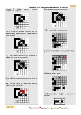 PODEMOS – Prof. Otávio Luciano Camargo Sales de Magalhães
35.9.9214.0594 goo.gl/pjykRW goo.gl/JD6Vhj goo.gl/PSGwJT
123
Apenas 7 células brancas possível
permanecem para o 10.
Ele cai numa área fechada. Portanto o 5 não
pode expandir nessa direção e colocamos uma
caixa preta lá.
15) Agora vamos verificar o que acontece se
colocarmos uma célula branca aqui.
Essa célula branca seria obviamente parte do
10.
Não importa como a conectamos sempre
separará essa área preta.
Essa caixa portanto deve ser preta:
16) Dê uma olhada nesse exemplo:
Se estendermos o 4 para baixo, ele bloqueará o
6.
Então essa caixa é preta.
17) Existem duas direções para esse 6
expandir:
 