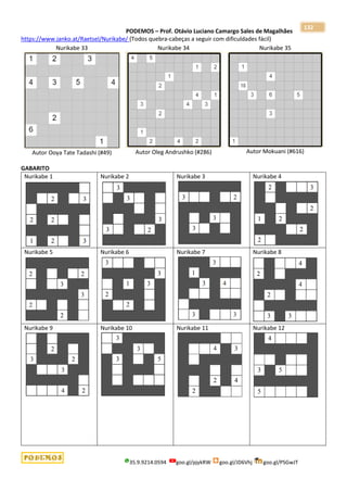 PODEMOS – Prof. Otávio Luciano Camargo Sales de Magalhães
35.9.9214.0594 goo.gl/pjykRW goo.gl/JD6Vhj goo.gl/PSGwJT
132
https://www.janko.at/Raetsel/Nurikabe/ (Todos quebra-cabeças a seguir com dificuldades fácil)
Nurikabe 33
Autor Ooya Tate Tadashi (#49)
Nurikabe 34
Autor Oleg Andrushko (#286)
Nurikabe 35
Autor Mokuani (#616)
GABARITO
Nurikabe 1 Nurikabe 2 Nurikabe 3 Nurikabe 4
Nurikabe 5 Nurikabe 6 Nurikabe 7 Nurikabe 8
Nurikabe 9 Nurikabe 10 Nurikabe 11 Nurikabe 12
 