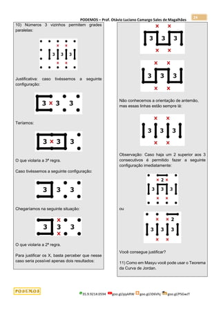 PODEMOS – Prof. Otávio Luciano Camargo Sales de Magalhães
35.9.9214.0594 goo.gl/pjykRW goo.gl/JD6Vhj goo.gl/PSGwJT
24
10) Números 3 vizinhos permitem grades
paralelas:
Justificativa: caso tivéssemos a seguinte
configuração:
Teríamos:
O que violaria a 3ª regra.
Caso tivéssemos a seguinte configuração:
Chegaríamos na seguinte situação:
O que violaria a 2ª regra.
Para justificar os X, basta perceber que nesse
caso seria possível apenas dois resultados:
Não conhecemos a orientação de antemão,
mas essas linhas estão sempre lá:
Observação: Caso haja um 2 superior aos 3
consecutivos é permitido fazer a seguinte
configuração imediatamente:
ou
Você consegue justificar?
11) Como em Masyu você pode usar o Teorema
da Curva de Jordan.
 