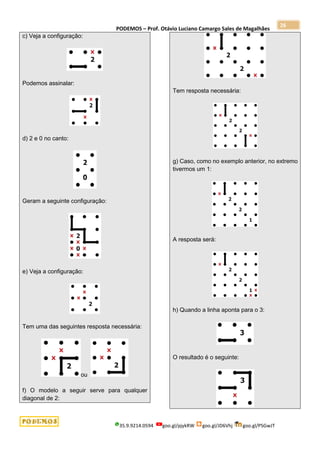 PODEMOS – Prof. Otávio Luciano Camargo Sales de Magalhães
35.9.9214.0594 goo.gl/pjykRW goo.gl/JD6Vhj goo.gl/PSGwJT
26
c) Veja a configuração:
Podemos assinalar:
d) 2 e 0 no canto:
Geram a seguinte configuração:
e) Veja a configuração:
Tem uma das seguintes resposta necessária:
ou
f) O modelo a seguir serve para qualquer
diagonal de 2:
Tem resposta necessária:
g) Caso, como no exemplo anterior, no extremo
tivermos um 1:
A resposta será:
h) Quando a linha aponta para o 3:
O resultado é o seguinte:
 