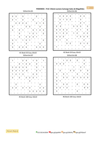 PODEMOS – Prof. Otávio Luciano Camargo Sales de Magalhães
35.9.9214.0594 goo.gl/pjykRW goo.gl/JD6Vhj goo.gl/PSGwJT
47
Slitherlink 85
#1 Book 50 Easy 10x10
Slitherlink 86
#2 Book 50 Easy 10x10
Slitherlink 87
#5 Book 100 Easy 10x10
Slitherlink 88
#6 Book 100 Easy 10x10
 
