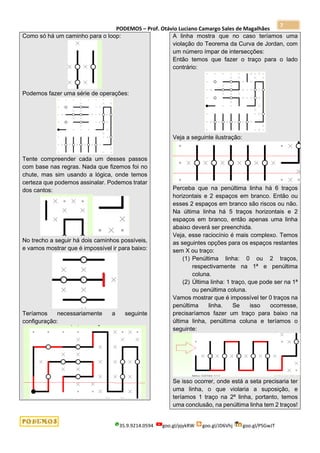 PODEMOS – Prof. Otávio Luciano Camargo Sales de Magalhães
35.9.9214.0594 goo.gl/pjykRW goo.gl/JD6Vhj goo.gl/PSGwJT
7
Como só há um caminho para o loop:
Podemos fazer uma série de operações:
Tente compreender cada um desses passos
com base nas regras. Nada que fizemos foi no
chute, mas sim usando a lógica, onde temos
certeza que podemos assinalar. Podemos tratar
dos cantos:
No trecho a seguir há dois caminhos possíveis,
e vamos mostrar que é impossível ir para baixo:
Teríamos necessariamente a seguinte
configuração:
A linha mostra que no caso teríamos uma
violação do Teorema da Curva de Jordan, com
um número ímpar de intersecções:
Então temos que fazer o traço para o lado
contrário:
Veja a seguinte ilustração:
Perceba que na penúltima linha há 6 traços
horizontais e 2 espaços em branco. Então ou
esses 2 espaços em branco são riscos ou não.
Na última linha há 5 traços horizontais e 2
espaços em branco, então apenas uma linha
abaixo deverá ser preenchida.
Veja, esse raciocínio é mais complexo. Temos
as seguintes opções para os espaços restantes
sem X ou traço:
(1) Penúltima linha: 0 ou 2 traços,
respectivamente na 1ª e penúltima
coluna.
(2) Última linha: 1 traço, que pode ser na 1ª
ou penúltima coluna.
Vamos mostrar que é impossível ter 0 traços na
penúltima linha. Se isso ocorresse,
precisaríamos fazer um traço para baixo na
última linha, penúltima coluna e teríamos o
seguinte:
Se isso ocorrer, onde está a seta precisaria ter
uma linha, o que violaria a suposição, e
teríamos 1 traço na 2ª linha, portanto, temos
uma conclusão, na penúltima linha tem 2 traços!
 