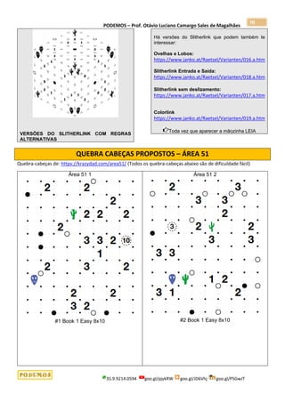 PODEMOS – Prof. Otávio Luciano Camargo Sales de Magalhães
35.9.9214.0594 goo.gl/pjykRW goo.gl/JD6Vhj goo.gl/PSGwJT
70
VERSÕES DO SLITHERLINK COM REGRAS
ALTERNATIVAS
Há versões do Slitherlink que podem também te
interessar:
Ovelhas e Lobos:
https://www.janko.at/Raetsel/Varianten/016.a.htm
Slitherlink Entrada e Saída:
https://www.janko.at/Raetsel/Varianten/018.a.htm
Slitherlink sem deslizamento:
https://www.janko.at/Raetsel/Varianten/017.a.htm
Colorlink
https://www.janko.at/Raetsel/Varianten/019.a.htm
Toda vez que aparecer a mãozinha LEIA
QUEBRA CABEÇAS PROPOSTOS – ÁREA 51
Quebra-cabeças de: https://krazydad.com/area51/ (Todos os quebra-cabeças abaixo são de dificuldade fácil)
Área 51 1
#1 Book 1 Easy 8x10
Área 51 2
#2 Book 1 Easy 8x10
 