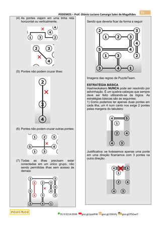 PODEMOS – Prof. Otávio Luciano Camargo Sales de Magalhães
35.9.9214.0594 goo.gl/pjykRW goo.gl/JD6Vhj goo.gl/PSGwJT
77
(4) As pontes viajam em uma linha reta
horizontal ou verticalmente.
(5) Pontes não podem cruzar ilhas:
(6) Pontes não podem cruzar outras pontes:
(7) Todas as ilhas precisam estar
conectadas em um único grupo, não
sendo permitidas ilhas sem acesso às
demais:
Sendo que deveria ficar da forma a seguir:
Imagens das regras de PuzzleTeam.
ESTRATÉGIA BÁSICA
Hashiwokakero NUNCA pode ser resolvido por
adivinhação. É um quebra-cabeças que sempre
deve ser feito utilizando-se da lógica. As
estratégias básicas são as seguintes:
1) Como podemos ter apenas duas pontes em
cada ilha, um 4 num canto nos exige 2 pontes
pelas margens do tabuleiro:
Justificativa: se tivéssemos apenas uma ponte
em uma direção ficaríamos com 3 pontes na
outra direção:
 