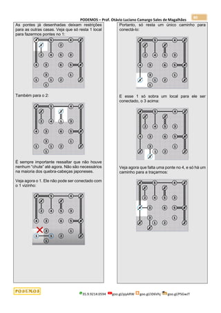 PODEMOS – Prof. Otávio Luciano Camargo Sales de Magalhães
35.9.9214.0594 goo.gl/pjykRW goo.gl/JD6Vhj goo.gl/PSGwJT
80
As pontes já desenhadas deixam restrições
para as outras casas. Veja que só resta 1 local
para fazermos pontes no 1:
Também para o 2:
É sempre importante ressaltar que não houve
nenhum “chute” até agora. Não são necessários
na maioria dos quebra-cabeças japoneses.
Veja agora o 1. Ele não pode ser conectado com
o 1 vizinho:
Portanto, só resta um único caminho para
conectá-lo:
E esse 1 só sobra um local para ele ser
conectado, o 3 acima:
Veja agora que falta uma ponte no 4, e só há um
caminho para a traçarmos:
 
