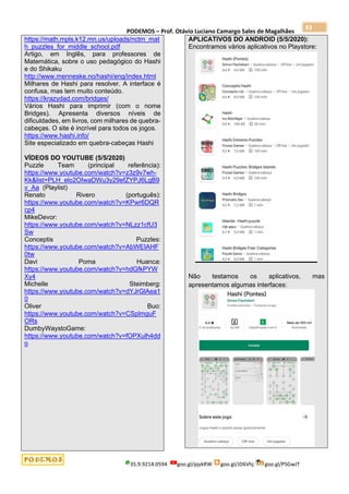 PODEMOS – Prof. Otávio Luciano Camargo Sales de Magalhães
35.9.9214.0594 goo.gl/pjykRW goo.gl/JD6Vhj goo.gl/PSGwJT
83
https://math.mpls.k12.mn.us/uploads/nctm_mat
h_puzzles_for_middle_school.pdf
Artigo, em Inglês, para professores de
Matemática, sobre o uso pedagógico do Hashi
e do Shikaku
http://www.menneske.no/hashi/eng/index.html
Milhares de Hashi para resolver. A interface é
confusa, mas tem muito conteúdo.
https://krazydad.com/bridges/
Vários Hashi para imprimir (com o nome
Bridges). Apresenta diversos níveis de
dificuldades, em livros, com milhares de quebra-
cabeças. O site é incrível para todos os jogos.
https://www.hashi.info/
Site especializado em quebra-cabeças Hashi
VÍDEOS DO YOUTUBE (5/5/2020)
Puzzle Team (principal referência):
https://www.youtube.com/watch?v=z3z9v7wh-
Kk&list=PLH_elo2OIwaDWu3y29efZYPJ6LgB9
v_Aa (Playlist)
Renato Rivero (português):
https://www.youtube.com/watch?v=KPwr6DQR
cp4
MikeDevor:
https://www.youtube.com/watch?v=NLzz1cfU3
Sw
Conceptis Puzzles:
https://www.youtube.com/watch?v=AbWEIAHF
0tw
Davi Poma Huanca:
https://www.youtube.com/watch?v=hdGfkPYW
Xy4
Michelle Steimberg:
https://www.youtube.com/watch?v=dYJrGlAea1
0
Oliver Buo:
https://www.youtube.com/watch?v=CSplmguF
ORs
DumbyWaystoGame:
https://www.youtube.com/watch?v=fOPXulh4dd
o
APLICATIVOS DO ANDROID (5/5/2020):
Encontramos vários aplicativos no Playstore:
Não testamos os aplicativos, mas
apresentamos algumas interfaces:
 