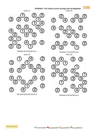 PODEMOS – Prof. Otávio Luciano Camargo Sales de Magalhães
35.9.9214.0594 goo.gl/pjykRW goo.gl/JD6Vhj goo.gl/PSGwJT
92
Hashi 17
#9 Book 32 Small 9x9 vol 1
Hashi 18
#1 Book 17 Small 9x9 vol 2
Hashi 19
#15 Book 20 Small 9x9 vol 2
Hashi 20
#9 Book 24 Small 9x9 vol 2
 