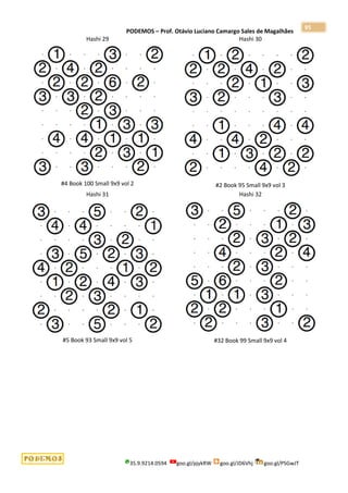 PODEMOS – Prof. Otávio Luciano Camargo Sales de Magalhães
35.9.9214.0594 goo.gl/pjykRW goo.gl/JD6Vhj goo.gl/PSGwJT
95
Hashi 29
#4 Book 100 Small 9x9 vol 2
Hashi 30
#2 Book 95 Small 9x9 vol 3
Hashi 31
#5 Book 93 Small 9x9 vol 5
Hashi 32
#32 Book 99 Small 9x9 vol 4
 