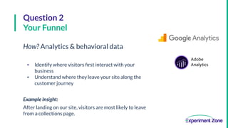 Question 2
Your Funnel
How? Analytics & behavioral data
▪ Identify where visitors ﬁrst interact with your
business
▪ Under...