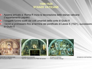 1509-1520
                                             STANZE VATICANE

     Appena arrivato a Roma R inizia la decorazione delle stanze vaticane
     (l’appartamento papale)
     I soggetti furono scelti dai colti umanisti della corte di Giulio II
     I lavori si protrassero fino al termine del pontificato di Leone X (1521), successore
     di Giulio II




ANZA DELLA SEGNATURA    STANZA DI ELIODORO                             STANZA DI BORGO            STANZA DI COSTANTINO
09-10 Scuola di Atene   1513-14 Liberazione di S. Pietro dal carcere   1514 L’incendio di Borgo
 