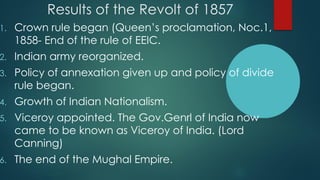 Results of the Revolt of 1857
1. Crown rule began (Queen’s proclamation, Noc.1,
1858- End of the rule of EEIC.
2. Indian army reorganized.
3. Policy of annexation given up and policy of divide
rule began.
4. Growth of Indian Nationalism.
5. Viceroy appointed. The Gov.Genrl of India now
came to be known as Viceroy of India. (Lord
Canning)
6. The end of the Mughal Empire.
 