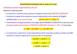 REDUCCIÓN DE UN ÁNGULO DEL 3º Cuad: AL 1º Cuad.
Calcula las razones trigonométricas de 225º
                                       225º

Seguimos el siguiente guión:

  • Localizamos el cuadrante al que pertenece el ángulo; en este caso al TERCER CUADRANTE.
  • Anotamos los signos de las respectivas razones trigonométricas del cuadrante del ángulo

    problema (α); en este caso (3º Cuad.)            sen (-) ; cos ( - ) ; tag ( + )
  • Transformamos el ángulo problema a otro ángulo (β) del PRIMER CUADRANTE; en este caso como
    el ángulo problema (α) pertenece al TERCER CUADRANTE, aplicamos: α - 180º = β. Como sigue:

                               α - 180º = β     225º - α = β         β = 45º

  • A continuación a partir de las razones trigométricas de 45º (conocidas), podemos calcular las de 225º,
    teniendo en cuenta los signos de las razones de 225º (3º Cuadrante):
                                                                          2
                                          o Sen 225º = - sen 45º =   −
                                                                         2

                                                                          2
                                          o Cos 225º = - cos 45º =   −
                                                                         2

                                            o Tag 225º = tag 45º = 1
 