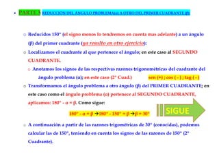 •   PARTE 3: REDUCCIÓN DEL ÁNGULO PROBLEMA(α) A OTRO DEL PRIMER CUADRANTE (β):



      o Reducidos 150º (el signo menos lo tendremos en cuenta mas adelante) a un ángulo
        (β) del primer cuadrante (ya resulto en otro ejercicio):
      o Localizamos el cuadrante al que pertenece el ángulo; en este caso al SEGUNDO
        CUADRANTE.
       o Anotamos los signos de las respectivas razones trigonométricas del cuadrante del
            ángulo problema (α); en este caso (2º Cuad.)           sen (+) ; cos ( - ) ; tag ( - )
      o Transformamos el ángulo problema a otro ángulo (β) del PRIMER CUADRANTE; en
        este caso como el ángulo problema (α) pertenece al SEGUNDO CUADRANTE,
        aplicamos: 180º - α = β. Como sigue:

                           180º - α = β   180º - 150º = β   β = 30º          SIGUE
      o A continuación a partir de las razones trigométricas de 30º (conocidas), podemos

        calcular las de 150º, teniendo en cuenta los signos de las razones de 150º (2º
        Cuadrante).
 