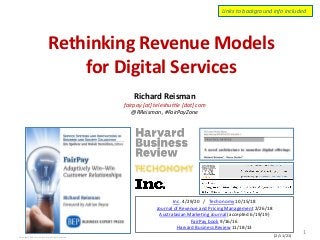 Copyright 2019, Teleshuttle Corp, all rights reserved
Richard Reisman
fairpay [at] teleshuttle [dot] com
@RReisman, #FairPayZone
1
Inc. 4/29/20 / Techonomy 10/15/18
Journal of Revenue and Pricing Management 2/26/18
Australasian Marketing Journal (accepted 6/19/19)
FairPay book 9/16/16
Harvard Business Review 11/18/13
Links to background info included
(2/11/21)
Rethinking Revenue Models
for Digital Services
 