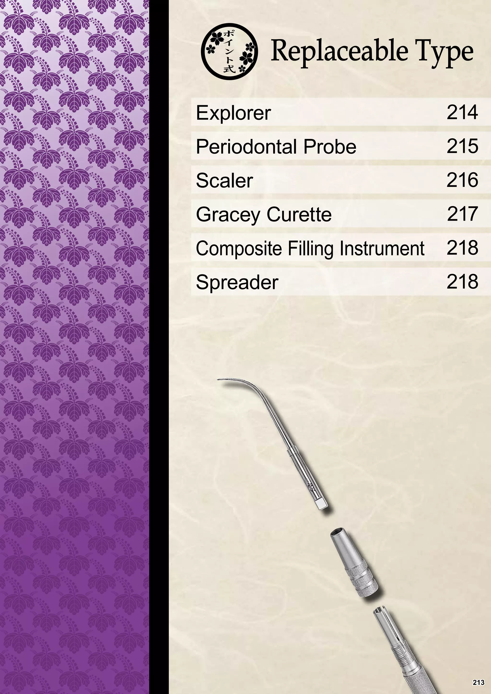Explorer
Periodontal Probe
Scaler
Gracey Curette
Composite Filling Instrument
Spreader
214
215
216
217
218
218
213