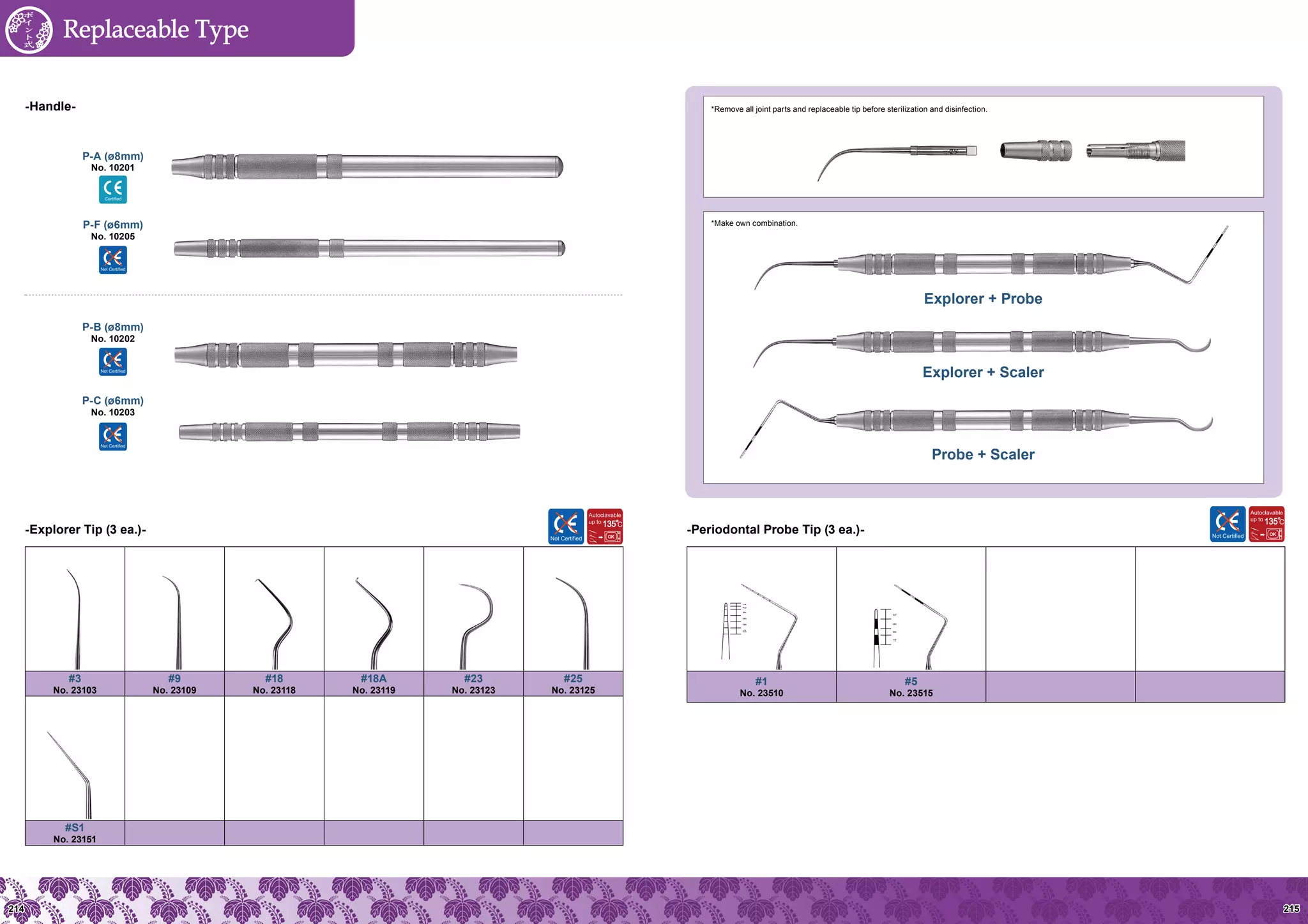 215214
P-A (ø8mm)
No. 10201
P-F (ø6mm)
No. 10205
P-B (ø8mm)
No. 10202
P-C (ø6mm)
No. 10203
#3
No. 23103
#9
No. 23109
#18
No. 23118
#18A
No. 23119
#23
No. 23123
#25
No. 23125
#S1
No. 23151
-Explorer Tip (3 ea.)-
-Handle-
*Make own combination.
Explorer + Scaler
Probe + Scaler
*Remove all joint parts and replaceable tip before sterilization and disinfection.
Explorer + Probe
#1
No. 23510
#5
No. 23515
-Periodontal Probe Tip (3 ea.)-
