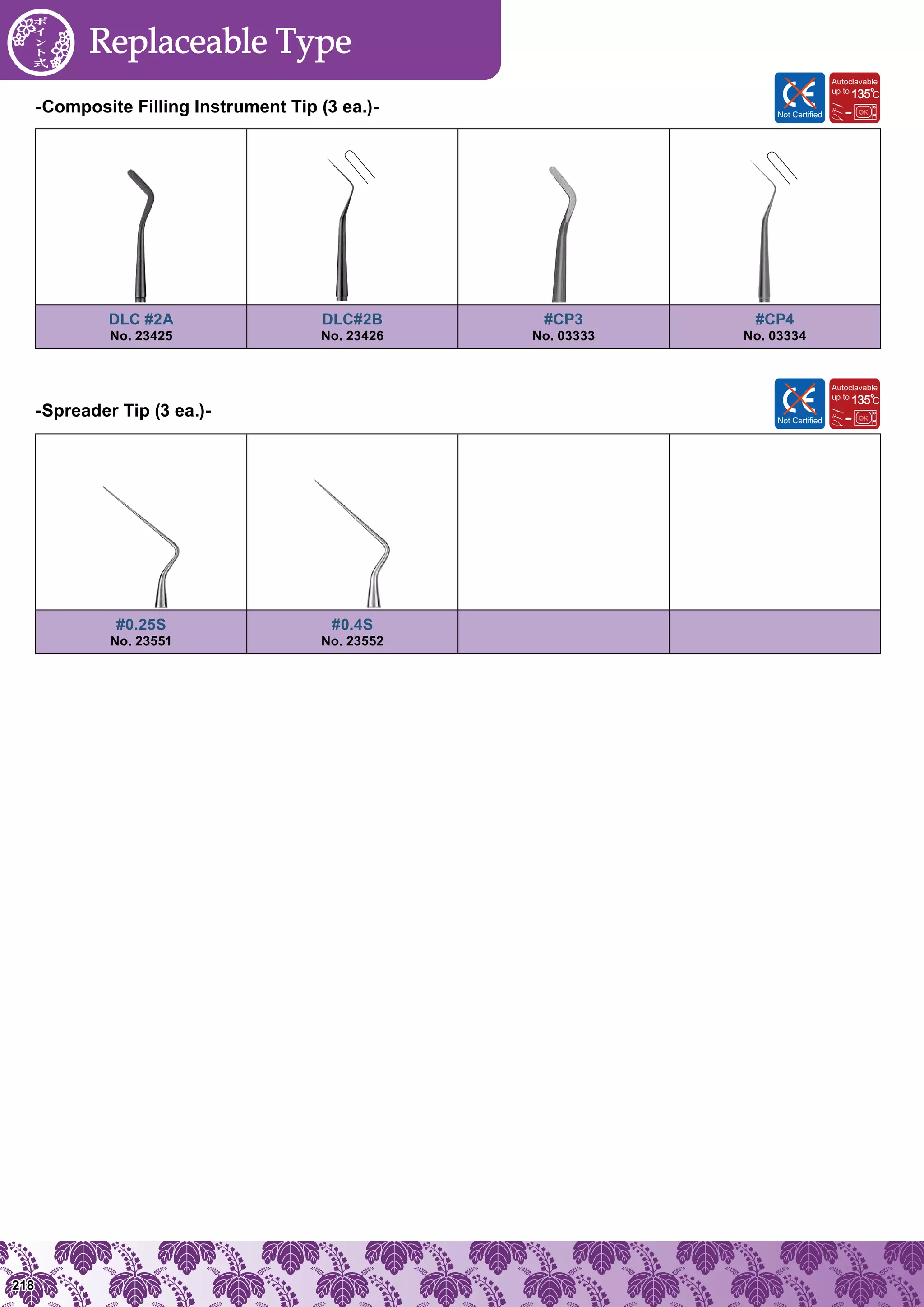 218
DLC #2A
No. 23425
DLC#2B
No. 23426
#CP3
No. 03333
#CP4
No. 03334
#0.25S
No. 23551
#0.4S
No. 23552
-Composite Filling Instrument Tip (3 ea.)-
-Spreader Tip (3 ea.)-