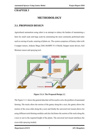 Automated Sprayer Using Gantry Robot Project Report 2018
Department of ECE 7 AIT, Bengaluru
CHAPTER 3
METHODOLOGY
3.1. PROPOSED DESIGN
Agricultural automation using robot is an attempt to reduce the burden of maintaining a
farm for small scale and large scale by automating the most commonly performed tasks
such as sowing of seeds, watering of plants etc. The system comprises of Gantry robot with
4 stepper motors, Arduino Mega 2560, RAMPS V1.4 Shield, Stepper motor drivers, Soil
Moisture sensor and spraying tool.
,
Figure 3.1.1: The Proposed Design [6]
The Figure 3.1.1 shows the general idea that will be used to solve the problem of automated
farming. The tracks allow the motion of the gantry along the x-axis, the gantry allows the
motion of the cross-slide along the y-axis and finally the universal tool mount allows for
using different tools/farming modules and also facilitates the motion of the tools along the
z-axis to suit to the required height of the plants. The universal tool mount interfaces the
cross-slide spraying module.
 