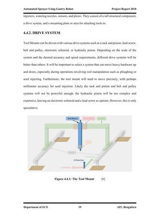 Automated Sprayer Using Gantry Robot Project Report 2018
Department of ECE 19 AIT, Bengaluru
injectors, watering nozzles, sensors, and plows. They consist of a tall structural component,
a drive system, and a mounting plate or area for attaching tools to.
4.4.2. DRIVE SYSTEM
Tool Mounts can be driven with various drive systems such as a rack and pinion, lead screw,
belt and pulley, electronic solenoid, or hydraulic piston. Depending on the scale of the
system and the desired accuracy and speed requirements, different drive systems will be
better than others. It will be important to select a system that can move heavy hardware up
and down, especially during operations involving soil manipulation such as ploughing or
seed injecting. Furthermore, the tool mount will need to move precisely, with perhaps
millimeter accuracy for seed injection. Likely the rack and pinion and belt and pulley
systems will not be powerful enough, the hydraulic piston will be too complex and
expensive, leaving an electronic solenoid and a lead screw as options. However, this is only
speculative.
Figure 4.4.1: The Tool Mount [6]
 