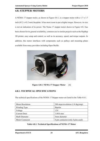 Automated Sprayer Using Gantry Robot Project Report 2018
Department of ECE 24 AIT, Bengaluru
4.8. STEPPER MOTORS
A NEMA 17 stepper motor, as shown in Figure 4.8.1, is a stepper motor with a 1.7 x 1.7
inch (43.2 x 43.2 mm) faceplate. It has more room to put a higher torque. However, its size
is not an indication of its power. The Nema 17 stepper motor shown in Figure 4.8.1 has
been chosen for its general availability, common use in similar projects such as the RepRap
3D printer, easy setup and control, as well as its accuracy, speed, and torque outputs. In
addition, this motor interfaces with components such as pulleys and mounting plates
available from many providers including Open Builds.
Figure 4.8.1: NEMA 17 Stepper Motor [6]
4.8.1. TECHNICAL SPECIFICATIONS
The technical specifications of the NEMA 17 Stepper motor are listed in the Table 4.8.1.
Motor Resolution 200 steps/revolution (1.8 deg/step)
Winding Type Bipolar
Voltage 12V
Current Draw 1.68A max
Shaft Diameter 5mm diameter
Motor Connector 6-pin connector (only 4 pins used)
Table 4.8.1: Technical Specifications of NEMA 17 Motor
 
