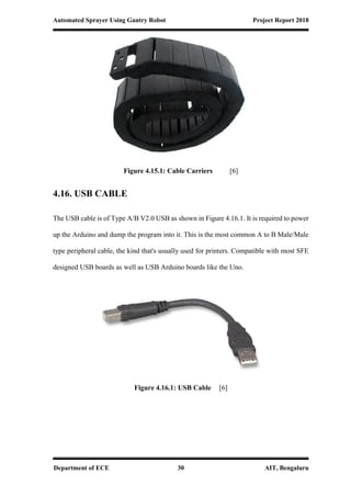 Automated Sprayer Using Gantry Robot Project Report 2018
Department of ECE 30 AIT, Bengaluru
Figure 4.15.1: Cable Carriers [6]
4.16. USB CABLE
The USB cable is of Type A/B V2.0 USB as shown in Figure 4.16.1. It is required to power
up the Arduino and dump the program into it. This is the most common A to B Male/Male
type peripheral cable, the kind that's usually used for printers. Compatible with most SFE
designed USB boards as well as USB Arduino boards like the Uno.
Figure 4.16.1: USB Cable [6]
 