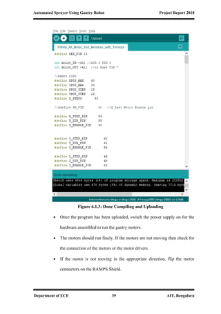 Automated Sprayer Using Gantry Robot Project Report 2018
Department of ECE 39 AIT, Bengaluru
Figure 6.1.3: Done Compiling and Uploading
 Once the program has been uploaded, switch the power supply on for the
hardware assembled to run the gantry motors.
 The motors should run finely. If the motors are not moving then check for
the connection of the motors or the motor drivers.
 If the motor is not moving in the appropriate direction, flip the motor
connectors on the RAMPS Shield.
 