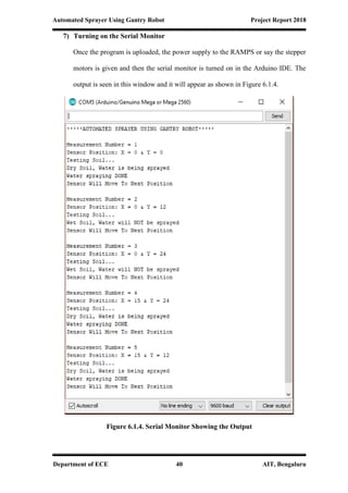 Automated Sprayer Using Gantry Robot Project Report 2018
Department of ECE 40 AIT, Bengaluru
7) Turning on the Serial Monitor
Once the program is uploaded, the power supply to the RAMPS or say the stepper
motors is given and then the serial monitor is turned on in the Arduino IDE. The
output is seen in this window and it will appear as shown in Figure 6.1.4.
Figure 6.1.4. Serial Monitor Showing the Output
 