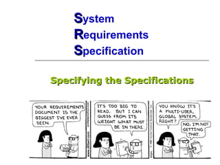 SSystem
RRequirements
SSpecification
Specifying the SpecificationsSpecifying the Specifications
 