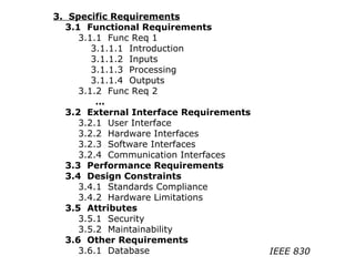 3. Specific Requirements
3.1 Functional Requirements
3.1.1 Func Req 1
3.1.1.1 Introduction
3.1.1.2 Inputs
3.1.1.3 Processing
3.1.1.4 Outputs
3.1.2 Func Req 2
…
3.2 External Interface Requirements
3.2.1 User Interface
3.2.2 Hardware Interfaces
3.2.3 Software Interfaces
3.2.4 Communication Interfaces
3.3 Performance Requirements
3.4 Design Constraints
3.4.1 Standards Compliance
3.4.2 Hardware Limitations
3.5 Attributes
3.5.1 Security
3.5.2 Maintainability
3.6 Other Requirements
3.6.1 Database IEEE 830
 
