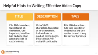 23
Helpful Hints to Writing Effective Video Copy
Fits 100 characters,
truncated at 66
characters. Use
keywords, headline
bait and attention
getting tactics to
catch interest
Up to 5,000
characters, truncated
at 166 characters.
Include links to
product or info pages,
but use http:// to
make URLs clickable
Fits 120 characters.
Add tags in order of
importance and use
quotes to match long
tail keyword phrases
TITLE DESCRIPTION TAGS
 