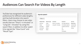 Audiences Can Search For Videos By Length
28
YouTube has recognized its audience’s
preferences for different video lengths,
and has built duration into search
filters. Users may choose to see video
results that are “Short (~4 minutes)” or
“Long (20~ minutes)” by using this
search filter, in addition to other watch
time signals like “View Count” and
“Result Type”.
 