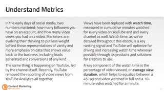 Understand Metrics
51
In the early days of social media, two
numbers mattered: how many followers you
have on an account and how many video
views you had on a video. Marketers are
evolving their thinking to put less weight
behind those representations of vanity and
more emphasis on data that shows value
back to the business, including leads
generated and conversions of any kind.
The same thing is happening on YouTube, led
by the channel itself. Recently, YouTube
removed the reporting of video views from
YouTube Analytics all together.
Views have been replaced with watch time,
measured in cumulative minutes watched
for every video on YouTube and and every
channel as well. Watch time, as we’ve
detailed throughout this ebook, is a key
ranking signal and YouTube will optimize for
driving and increasing watch time wherever
possible through its products and solutions
for creators to use.
A key component of the watch time is the
percentage of video viewed, or average view
duration, which helps to equalize between a
45-second video watched in full and a 10-
minute video watched for a minute.
 