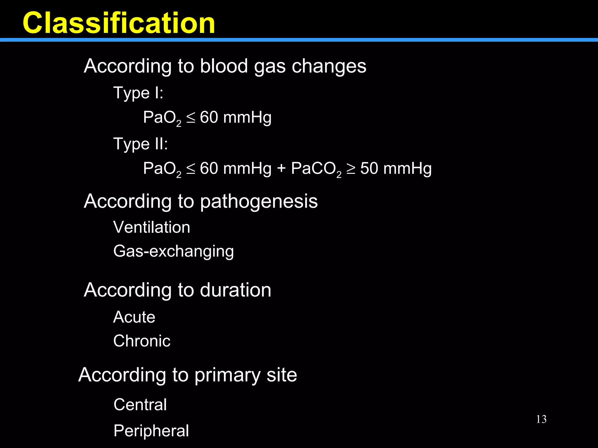 Classification
According to blood gas changes
Type I:
PaO2 ≤ 60 mmHg
Type II:
PaO2 ≤ 60 mmHg + PaCO2 ≥ 50 mmHg
According to pathogenesis
Ventilation
Gas-exchanging
According to duration
Acute
Chronic
According to primary site
Central
Peripheral
13
 