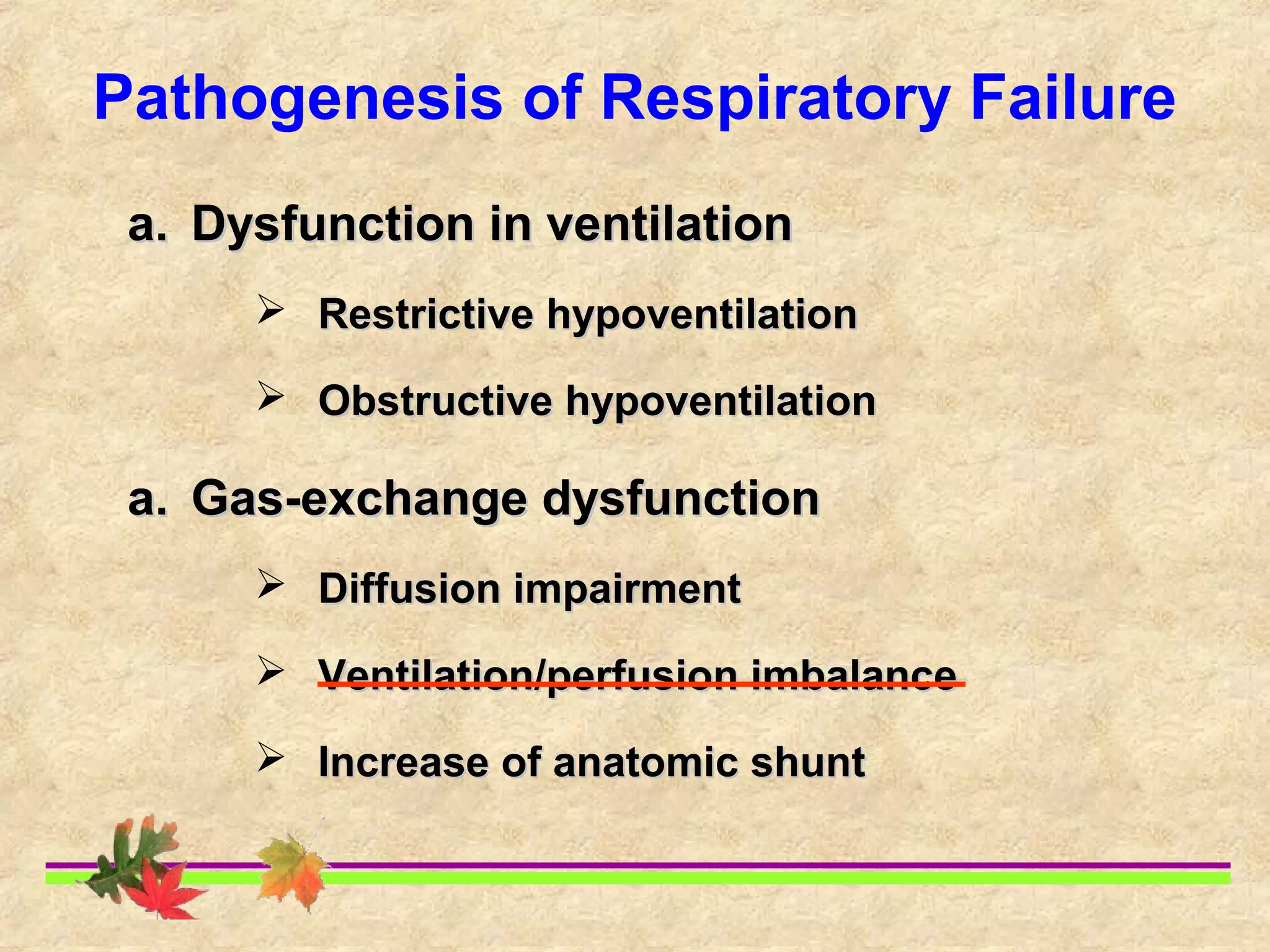 Pathogenesis of Respiratory Failure
a.a. Dysfunction in ventilationDysfunction in ventilation
 Restrictive hypoventilationRestrictive hypoventilation
 Obstructive hypoventilationObstructive hypoventilation
a.a. Gas-exchange dysfunctionGas-exchange dysfunction
 Diffusion impairmentDiffusion impairment
 Ventilation/perfusion imbalanceVentilation/perfusion imbalance
 Increase of anatomic shuntIncrease of anatomic shunt
 