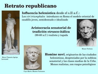 Retrato republicano
                          Influencia helenística desde el s.II a.C.:
                          Los viri triumphales  introducen en Roma el modelo oriental de 
                          caudillo joven, semidesnudo e idealizado


                                     Aristocracia senatorial de 
                                      tradición etrusco­itálica
                                          (90­60 a.C.) realista y togada




                                                                                           Museo Torlonia



                                                           Homine novi, originarios de las ciudades 
 Marco Vipsanio Agripa 
heroizado
                                                               helenísticas, despreciados por la nobleza 
                                                              senatorial y las clases medias de la Urbs. 
                                                               Menos realistas, con rasgos psicológicos 

                            Cayo Mario. Museos Vaticanos
 