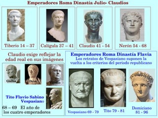 Emperadores Roma Dinastía Julio­ Claudios




Tiberio 14 – 37    Calígula 37 – 41    Claudio 41 ­ 54        Nerón 54 ­ 68

  Claudio exige reflejar la       Emperadores Roma Dinastía Flavia
 edad real en sus imágenes          Los retratos de Vespasiano suponen la 
                                  vuelta a los criterios del periodo republicano



 Galba      Otón       Vitelio



 Tito Flavio Sabino 
        Vespasiano
68 – 69   El año de                                                  Domiciano
 los cuatro emperadores          Vespasiano 69 ­ 79   Tito 79 ­ 81    81 ­ 96
                                                          
 