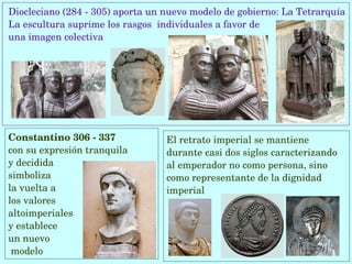  Diocleciano (284 ­ 305) aporta un nuevo modelo de gobierno: La Tetrarquía
 La escultura suprime los rasgos  individuales a favor de 
 una imagen colectiva 




Constantino 306 ­ 337              El retrato imperial se mantiene 
con su expresión tranquila         durante casi dos siglos caracterizando 
y decidida                         al emperador no como persona, sino 
simboliza                          como representante de la dignidad 
la vuelta a                        imperial 
los valores
altoimperiales
y establece
un nuevo
 modelo
 
