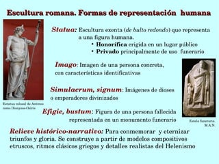 Escultura romana. Formas de representación  humana

                              Statua: Escultura exenta (de bulto redondo) que representa 
                                        a una figura humana. 
                                            
                                               Honorífica erigida en un lugar público
                                            
                                               Privado principalmente de uso  funerario

                               Imago: Imagen de una persona concreta, 
                               con características identificativas


                              Simulacrum, signum: Imágenes de dioses 
                              o emperadores divinizados
Estatua colosal de Antinoo 
como Dionysos­Osiris
                         Efigie, bustum: Figura de una persona fallecida 
                                    representada en un monumento funerario       Estela funeraria. 
                                                                                           M.A.N.

    Relieve histórico­narrativo: Para conmemorar  y eternizar 
    triunfos y gloria. Se construye a partir de modelos compositivos 
    etruscos, ritmos clásicos griegos y detalles realistas del Helenismo  
 