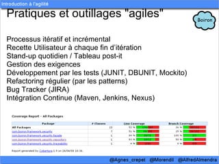 Pratiques et outillages "agiles"

Processus itératif et incrémental
Recette Utilisateur à chaque fin d’itération
Stand-up quotidien / Tableau post-it
Gestion des exigences
Développement par les tests (JUNIT, DBUNIT, Mockito)
Refactoring régulier (par les patterns)
Bug Tracker (JIRA)
Intégration Continue (Maven, Jenkins, Nexus)
 