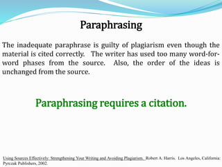 The inadequate paraphrase is guilty of plagiarism even though the
material is cited correctly. The writer has used too many word-for-
word phases from the source. Also, the order of the ideas is
unchanged from the source.
Using Sources Effectively: Strengthening Your Writing and Avoiding Plagiarism. Robert A. Harris. Los Angeles, California:
Pyrczak Publishers, 2002.
Paraphrasing
Paraphrasing requires a citation.
 