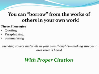 You can “borrow” from the works of
others in your own work!
Three Strategies
• Quoting
• Paraphrasing
• Summarizing
Blending source materials in your own thoughts—making sure your
own voice is heard.
With Proper Citation
 