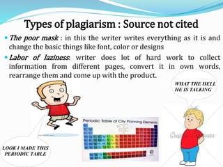 The poor mask : in this the writer writes everything as it is and
change the basic things like font, color or designs
Labor of laziness: writer does lot of hard work to collect
information from different pages, convert it in own words,
rearrange them and come up with the product.
LOOK I MADE THIS
PERIODIC TABLE
WHAT THE HELL
HE IS TALKING
Types of plagiarism : Source not cited
 