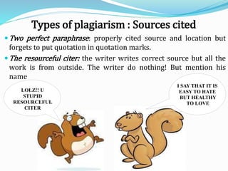Two perfect paraphrase: properly cited source and location but
forgets to put quotation in quotation marks.
The resourceful citer: the writer writes correct source but all the
work is from outside. The writer do nothing! But mention his
name
I SAY THAT IT IS
EASY TO HATE
BUT HEALTHY
TO LOVE
LOLZ!! U
STUPID
RESOURCEFUL
CITER
Types of plagiarism : Sources cited
 