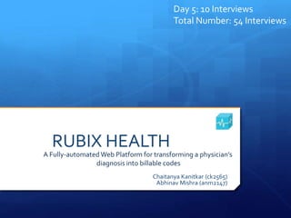 RUBIX HEALTH
Chaitanya Kanitkar (ck2565)
Abhinav Mishra (anm2147)
Day 5: 10 Interviews
Total Number: 54 Interviews
A Fully-automated Web Platform for transforming a physician’s
diagnosis into billable codes
 