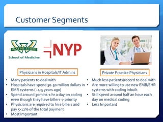 Customer Segments
Private Practice Physicians
• Much less patients/record to deal with
• Are more willing to use new EMR/EHR
systems with coding inbuilt
• Still spend around half an hour each
day on medical coding
• Less Important
Physicians in Hospitals/ITAdmins
• Many patients to deal with
• Hospitals have spend 30-50 million dollars in
EMR systems (~4-5 years ago)
• Spend around 30mins-1 hr a day on coding
even though they have billers-> priority
• Physicians are required to hire billers and
pay 5-12% of the total payment
• Most Important
 