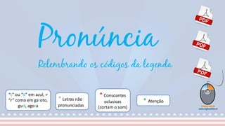 “t” ou “d” em azul, =
“r” como em garoto,
guri, agora
* Consoantes
oclusivas
(cortam o som)
* Letras não
pronunciadas
* Atenção
Pronúncia
Relembrando os códigos da legenda
 