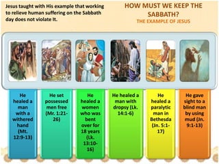 Jesus taught with His example that working
to relieve human suffering on the Sabbath
day does not violate It.
He
healed a
man
with a
withered
hand
(Mt.
12:9-13)
He set
possessed
men free
(Mr. 1:21-
26)
He
healed a
women
who was
bent
over for
18 years
(Lk.
13:10-
16)
He healed a
man with
dropsy (Lk.
14:1-6)
He
healed a
paralytic
man in
Bethesda
(Jn. 5:1-
17)
He gave
sight to a
blind man
by using
mud (Jn.
9:1-13)
HOW MUST WE KEEP THE
SABBATH?
THE EXAMPLE OF JESUS
 