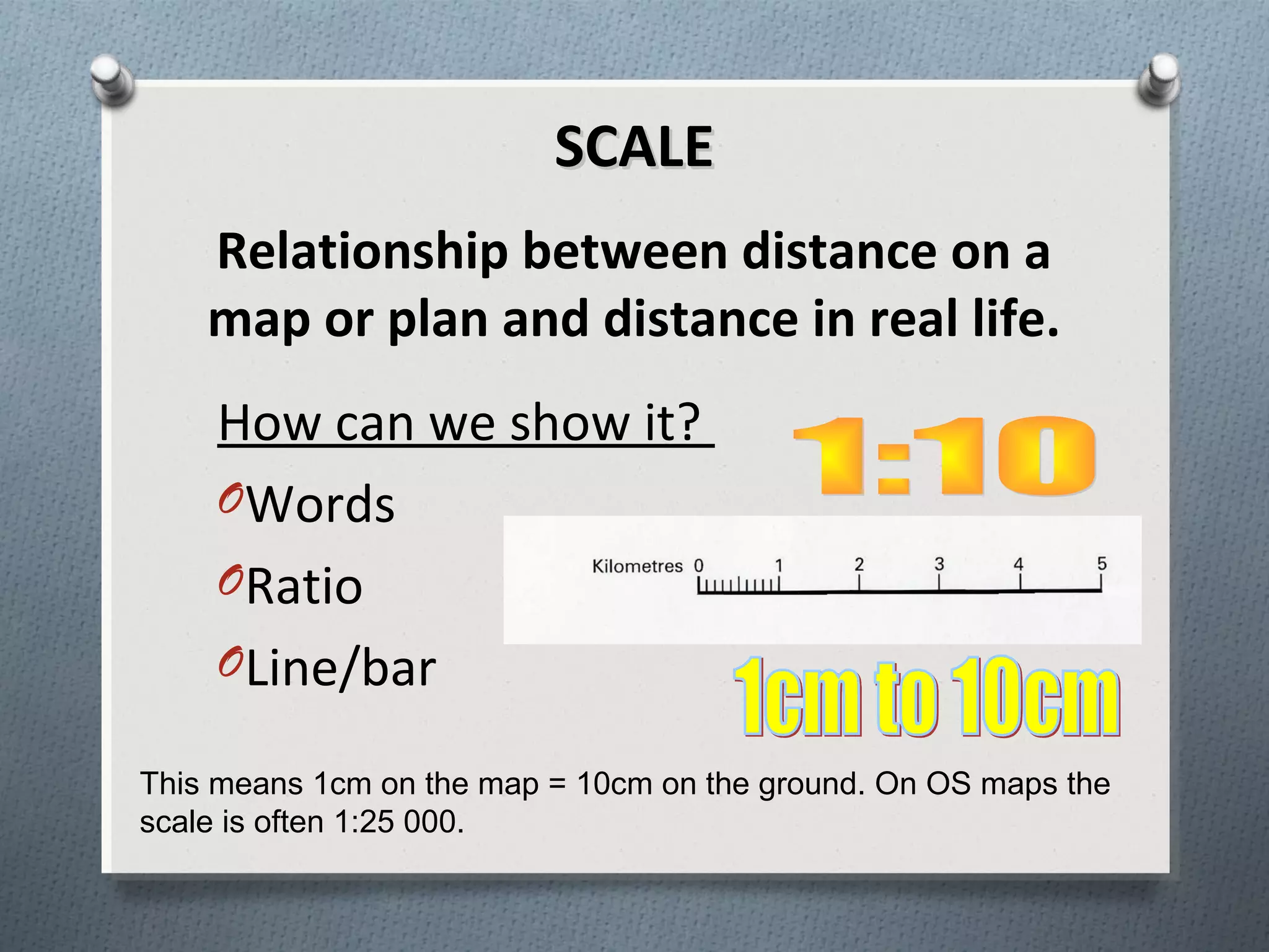 How can we show it?
OWords
ORatio
OLine/bar
Relationship between distance on a
map or plan and distance in real life.
This means 1cm on the map = 10cm on the ground. On OS maps the
scale is often 1:25 000.
SCALESCALE