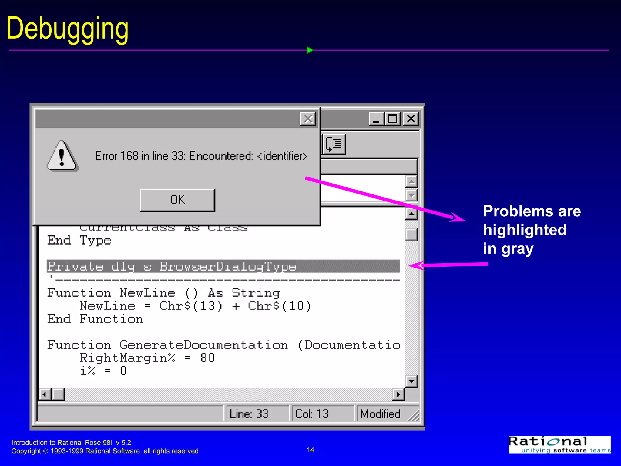 Debugging Problems are highlighted in gray 